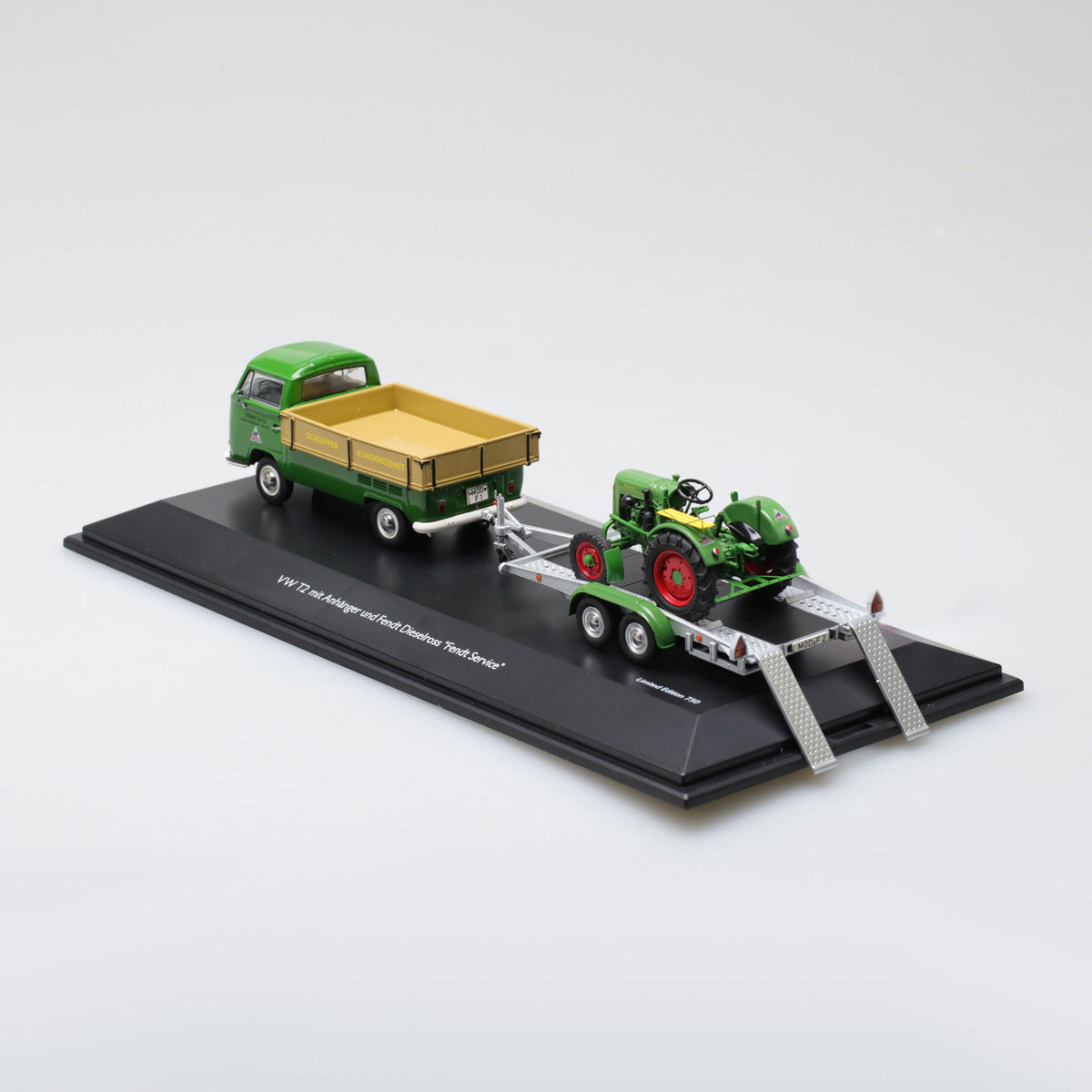 Schuco 1:43 Volkswagen T2a Westfalia pick up with trailer and Fendt Dieselross Tractor Fendt Service 450334200