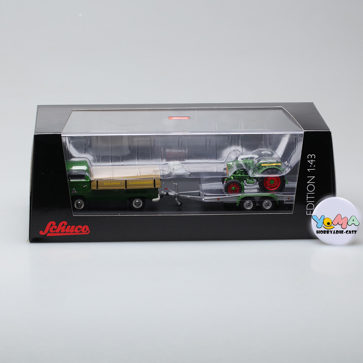 Schuco 1:43 Volkswagen T2a Westfalia pick up with trailer and Fendt Dieselross Tractor Fendt Service 450334200