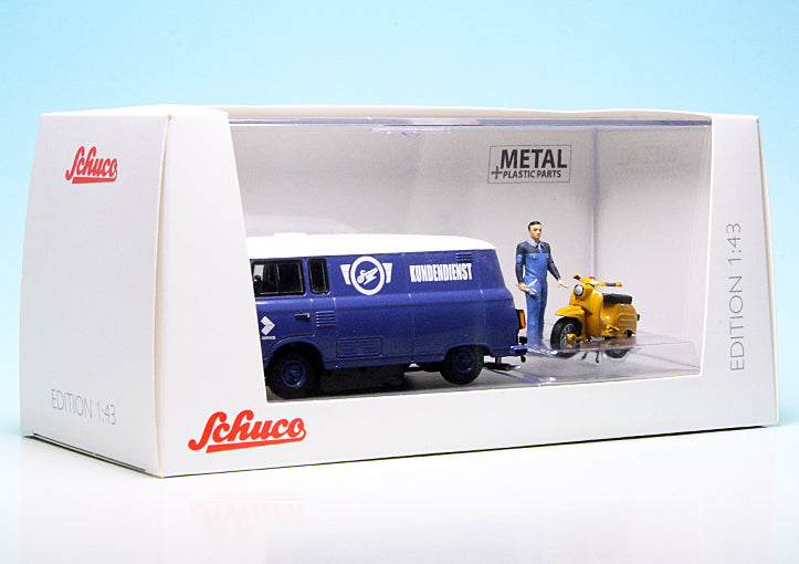 Schuco 1:43 Barkas B1000 Van Kundendienst + Zundapp Bella R204 Scooter 1958 + Figure 450364700