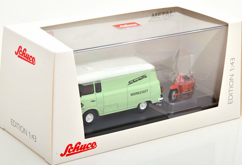Schuco 1:43 Barkas B1000 Van with Piccolo Simson KR 51/1 Schwalbe IFA Service Simson workshop 450365400