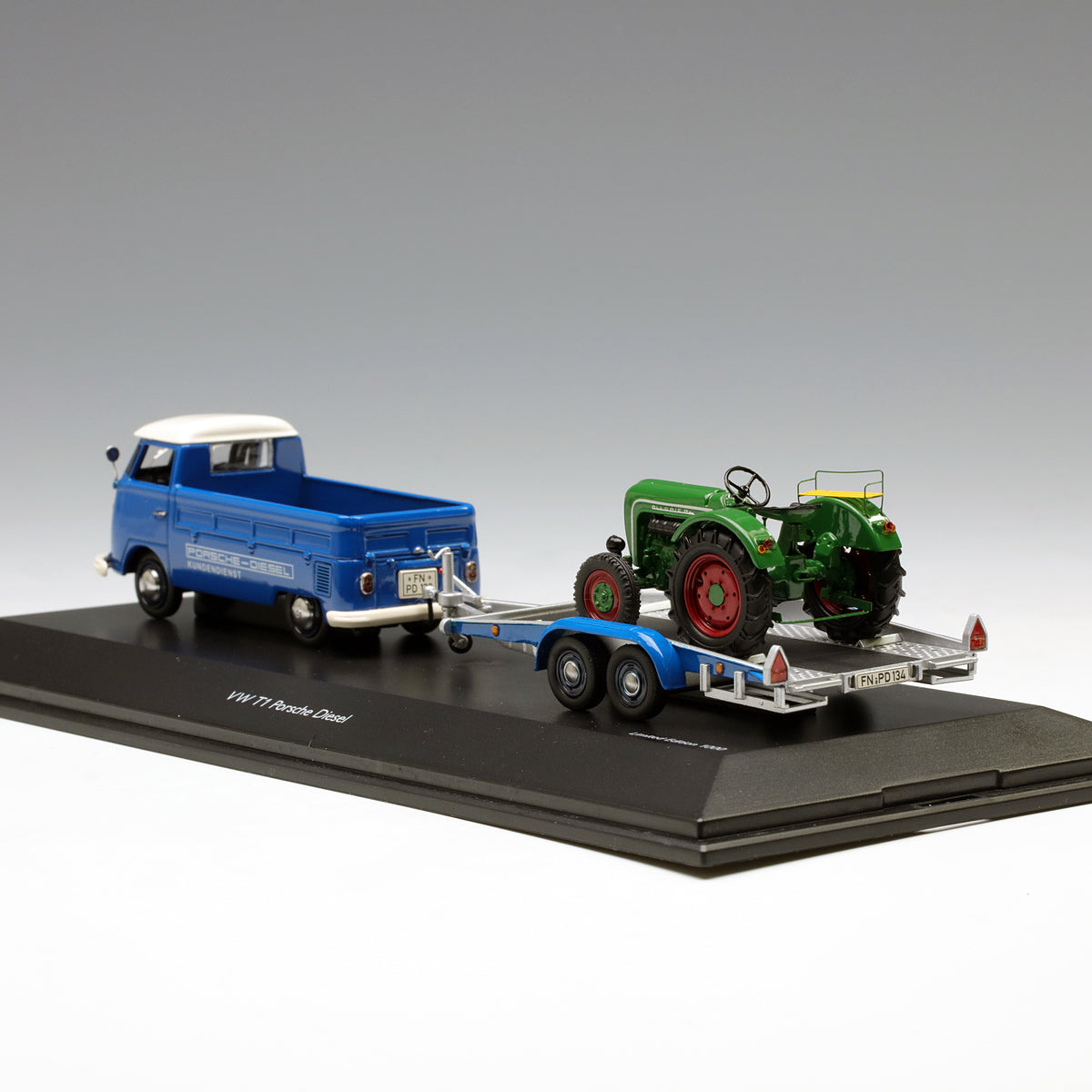 Schuco 1:43 Volkswagen T1C pick-up with trailer and Allgaier Tractor 450374000