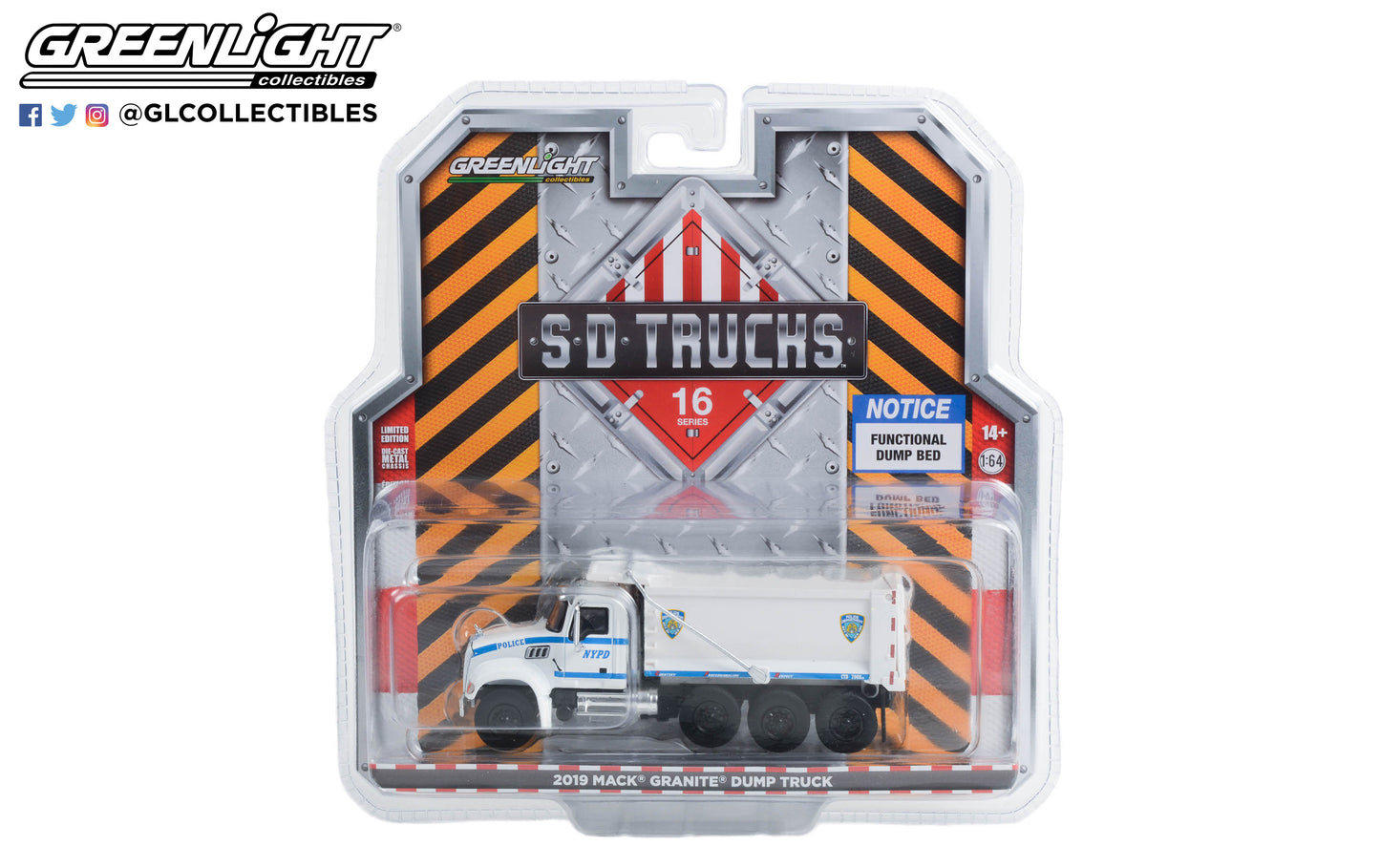 GreenLight 1:64 S.D. Trucks Series 16 - 2019 Mack Granite Dump Truck - New York City Police Dept (NYPD) 45160-B