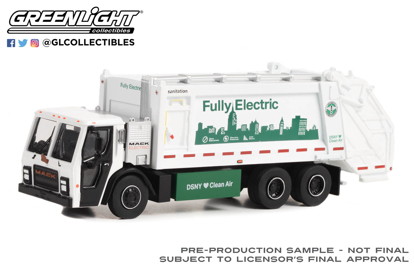 GreenLight 1:64 S.D. Trucks Series 17 - 2021 Mack LR Electric Rear Loader Refuse Truck - New York City Department of Sanitation (DSNY) “Fully Electric” 45170-C