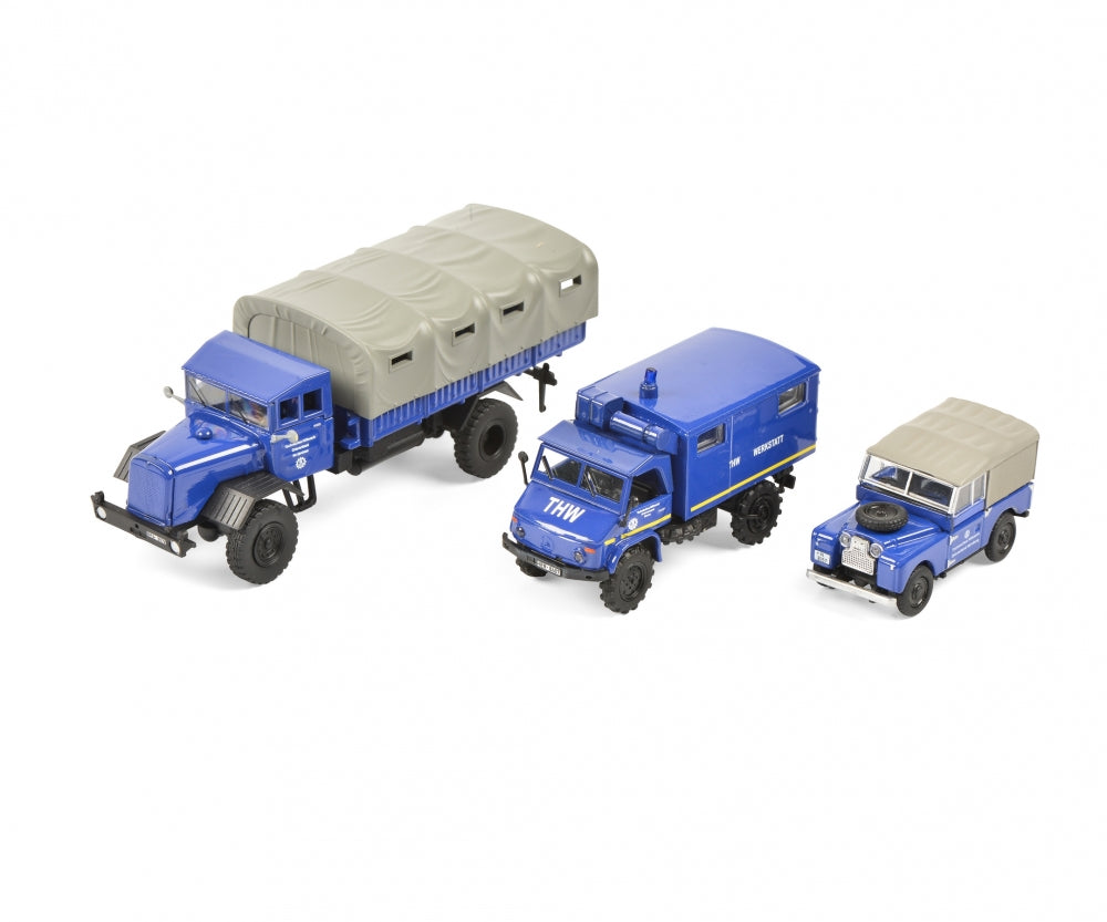 Schuco 1:87 MHI THW Set Land Rover 88 / Mercedes Benz Unimog U 404 / Mercedes Benz LG 315 452656000