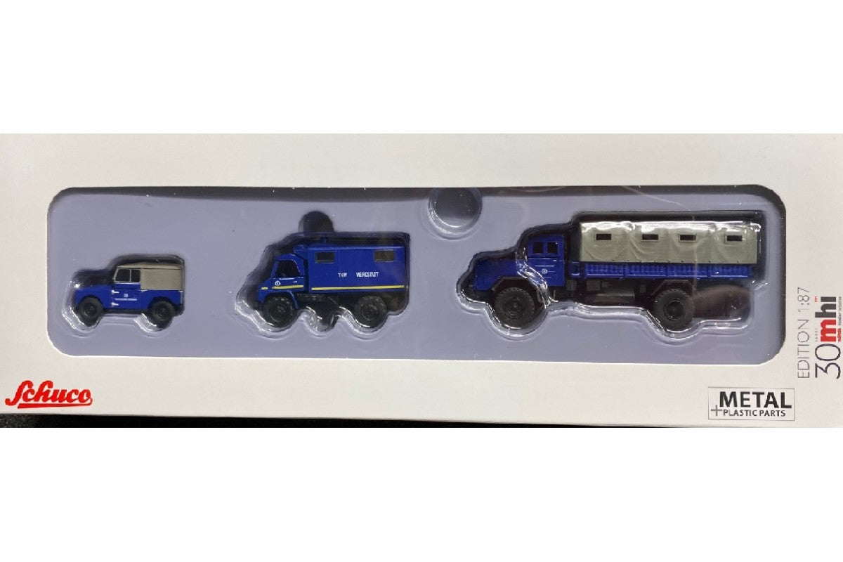 Schuco 1:87 MHI THW Set Land Rover 88 / Mercedes Benz Unimog U 404 / Mercedes Benz LG 315 452656000