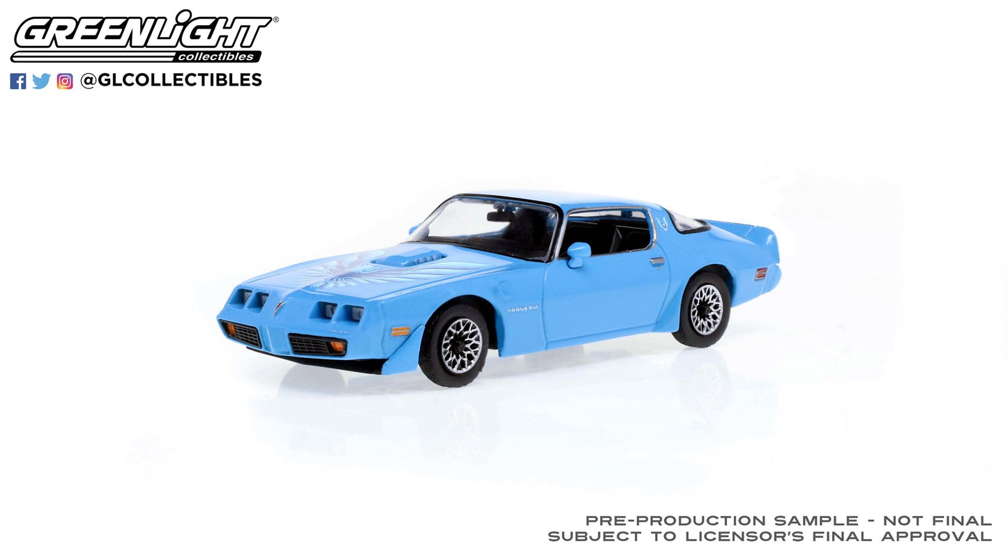 GreenLight 1:43 1979 Pontiac Firebird Trans Am Hardtop - Atlantis Blue with Hood Phoenix 86348