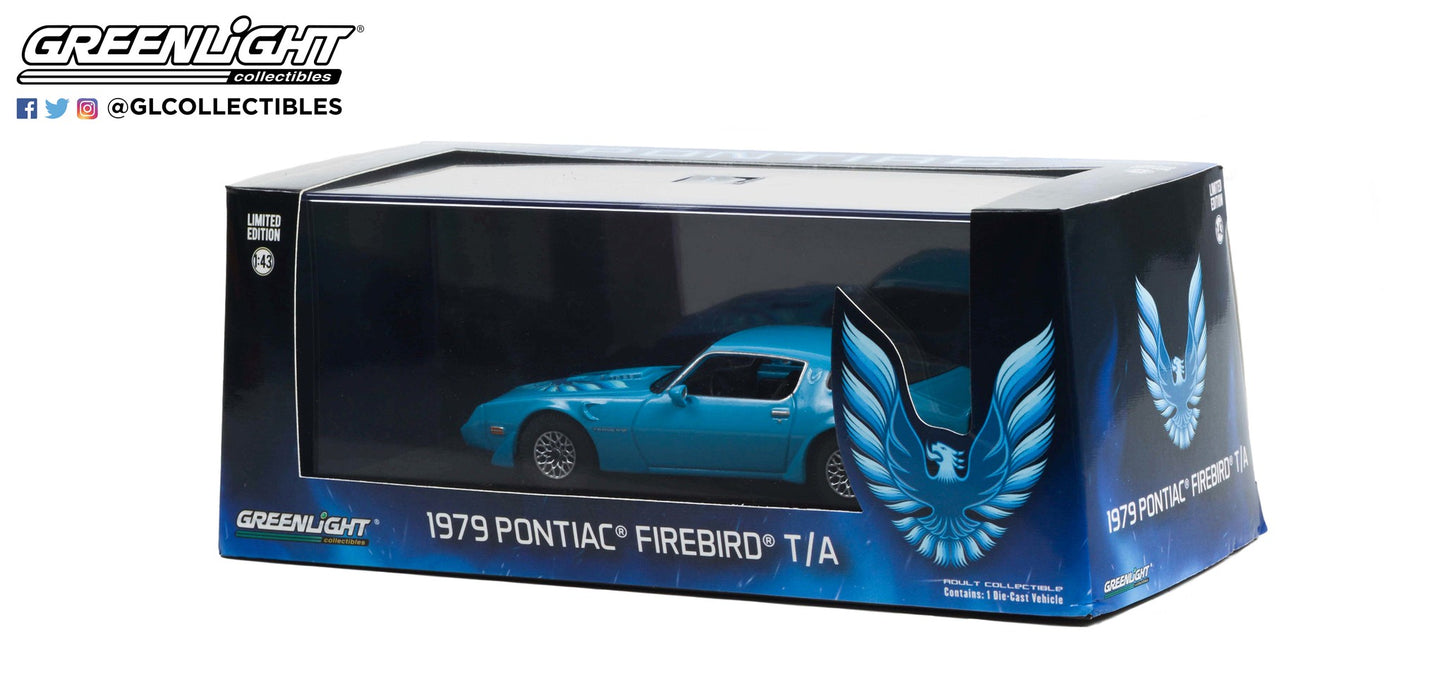 GreenLight 1:43 1979 Pontiac Firebird Trans Am Hardtop - Atlantis Blue with Hood Phoenix 86348
