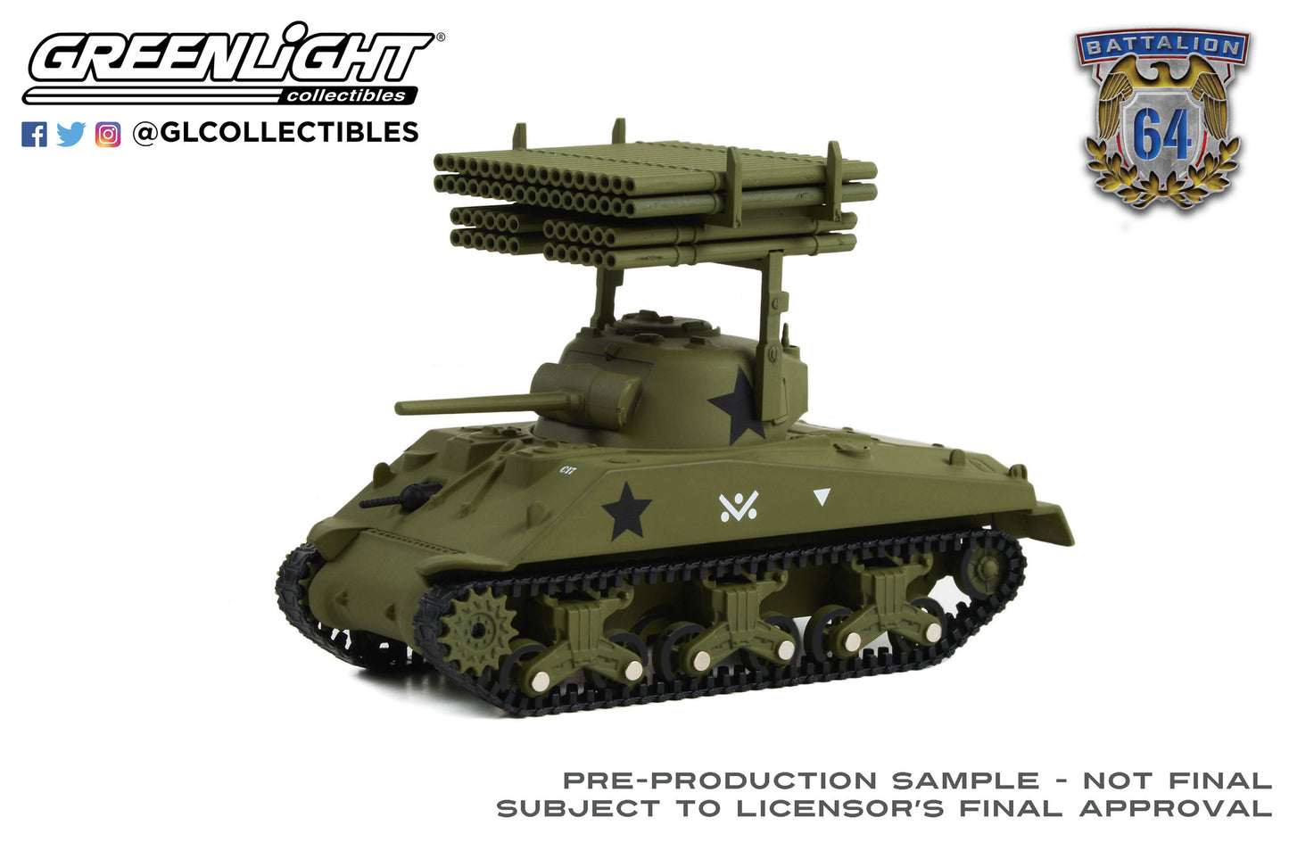 GreenLight 1:64 Battalion 64 - 1945 M4 Sherman Tank - U.S. Army World War II - 40th Tank Battalion, 14th Armored Division with T34 Calliope Rocket Launcher (Hobby Exclusive) 30405