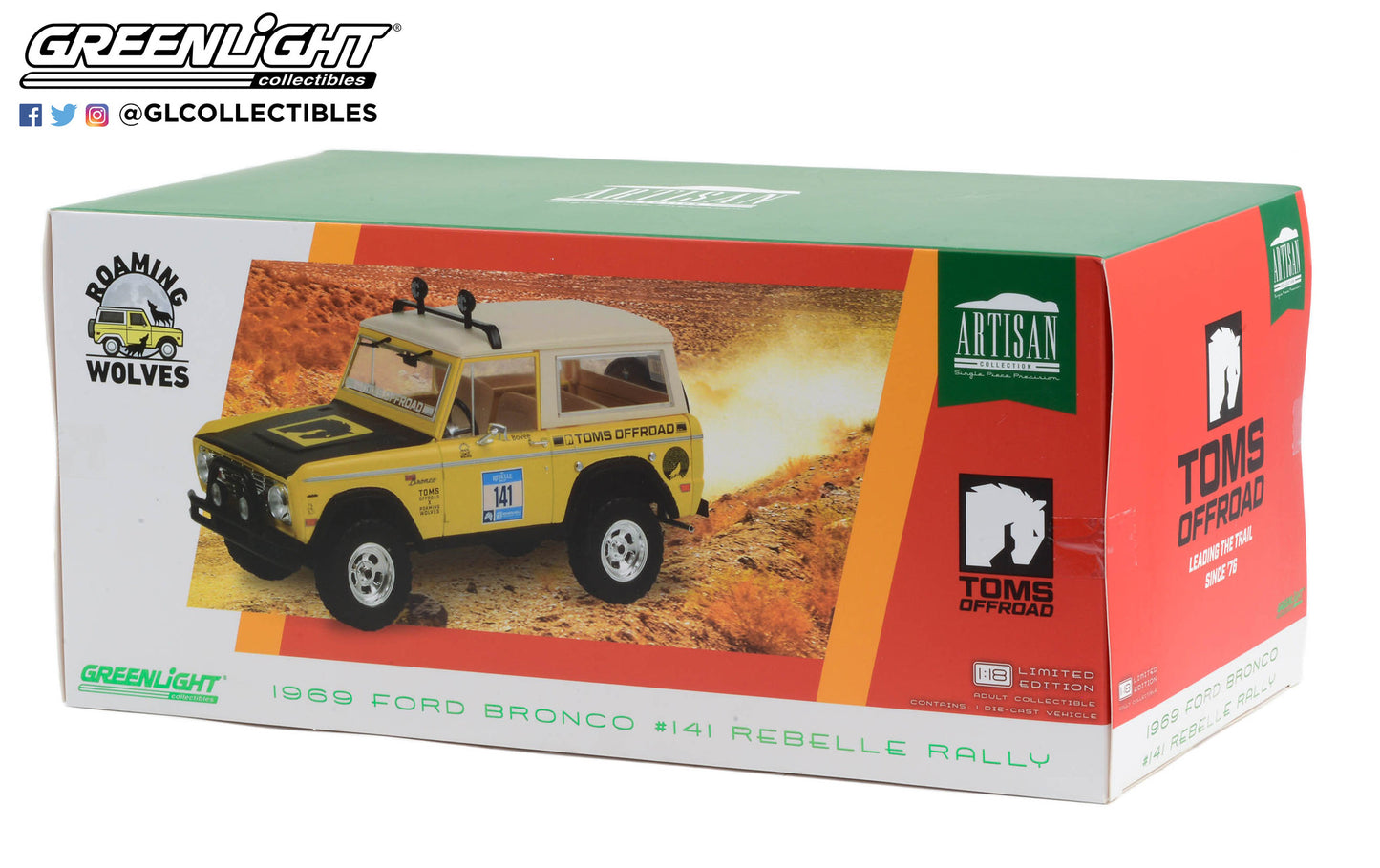 GreenLight 1:18 Artisan Collection - 1969 Ford Bronco #141 Rebelle Rally - Toms Offroad, Roaming Wolves 19131