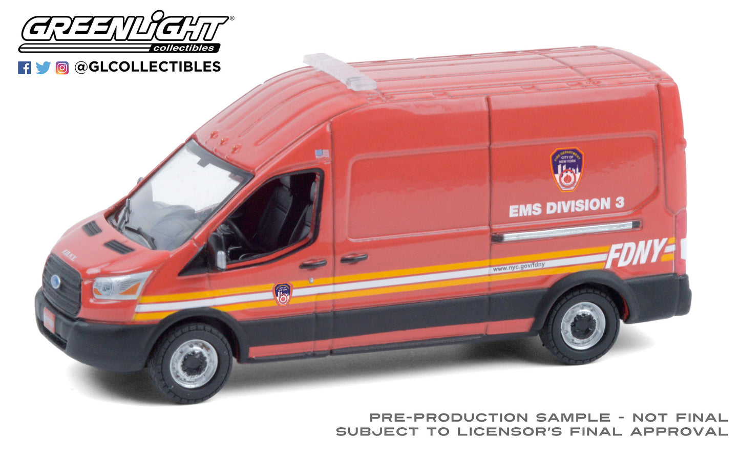 GreenLight 1:64 Route Runners Series 2 - 2019 Ford Transit LWB High Roof - FDNY (The Official Fire Department City of New York) EMS Division 3 53020-E