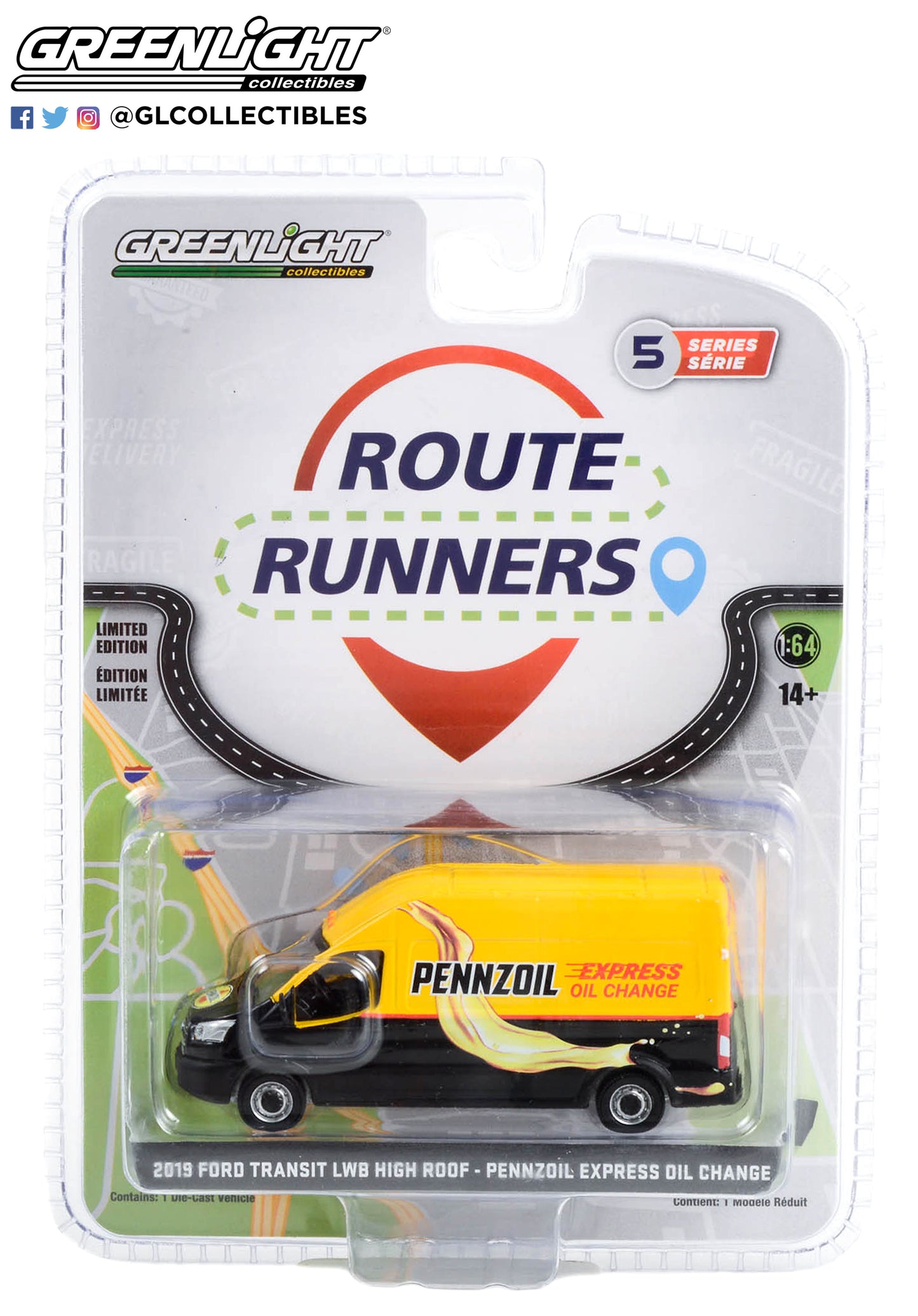 GreenLight 1:64 Route Runners Series 5 - 2019 Ford Transit LWB High Roof - Pennzoil Express Oil Change 53050-C