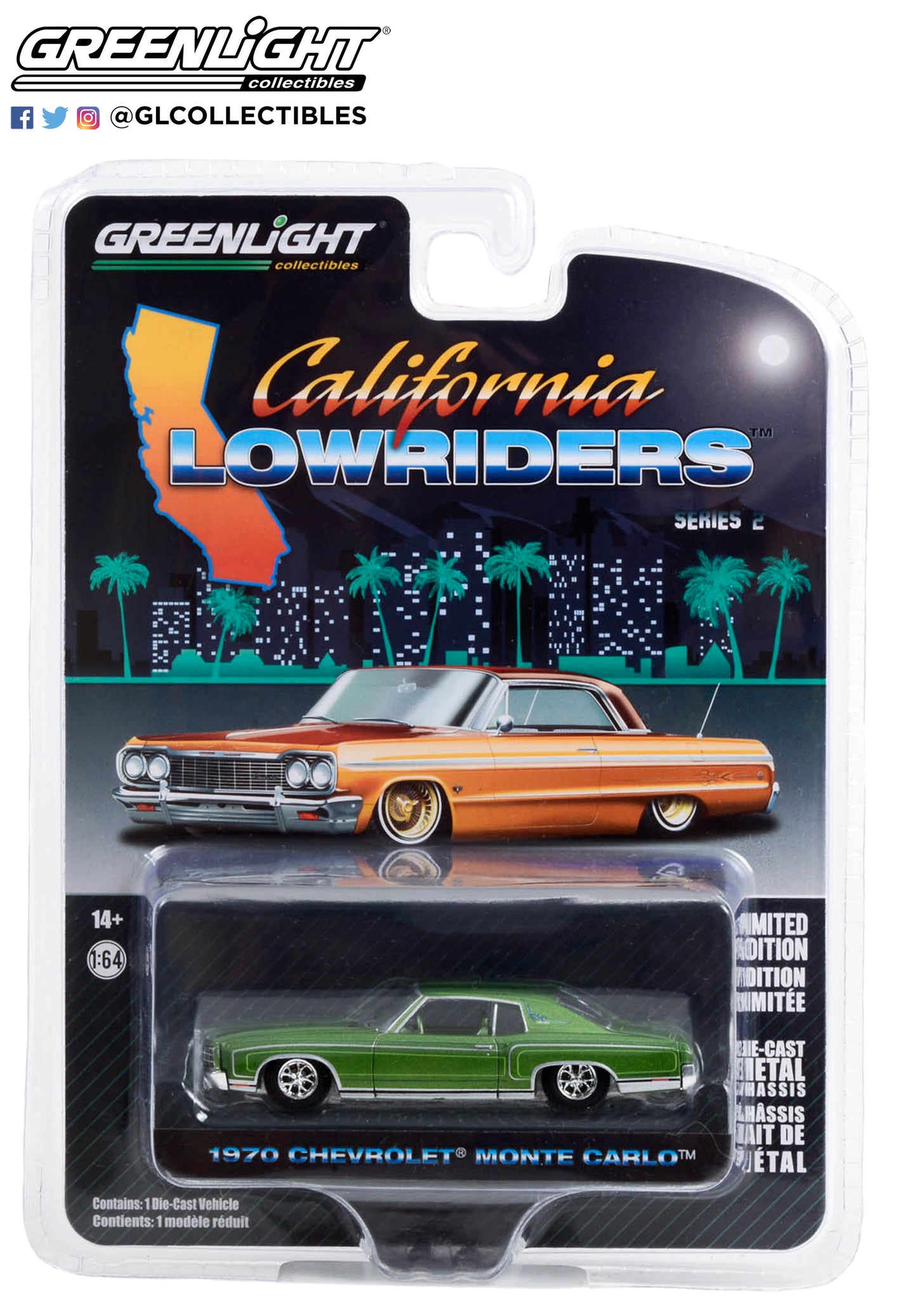 GreenLight 1:64 California Lowriders Series 2 - 1970 Chevrolet Monte Carlo - Green 63030-D