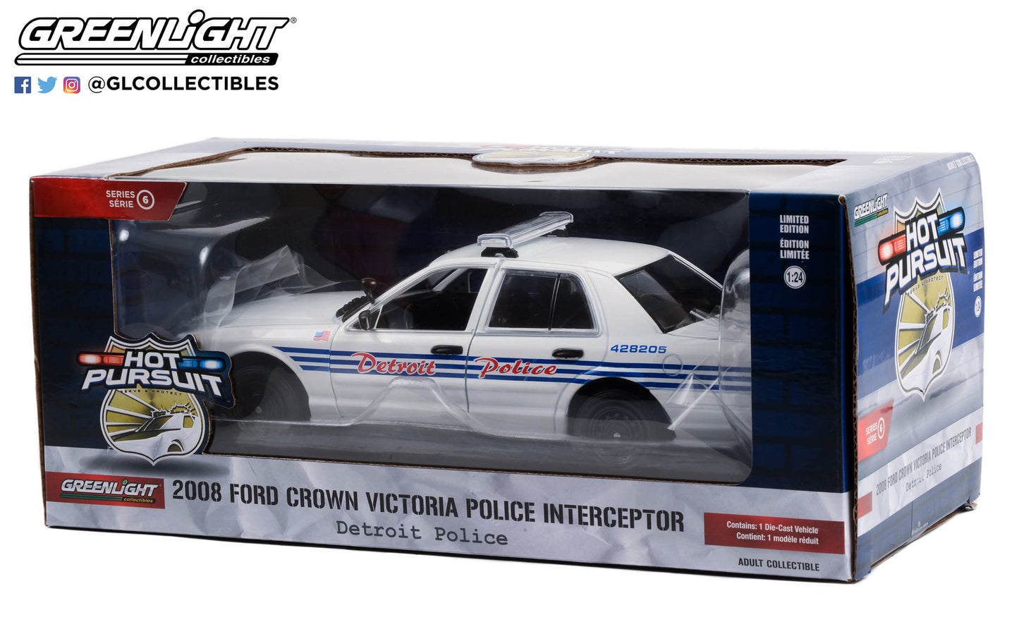 GreenLight 1:24 Hot Pursuit - 2008 Ford Crown Victoria Police Interceptor - Detroit Police - Detroit, Michigan 85563