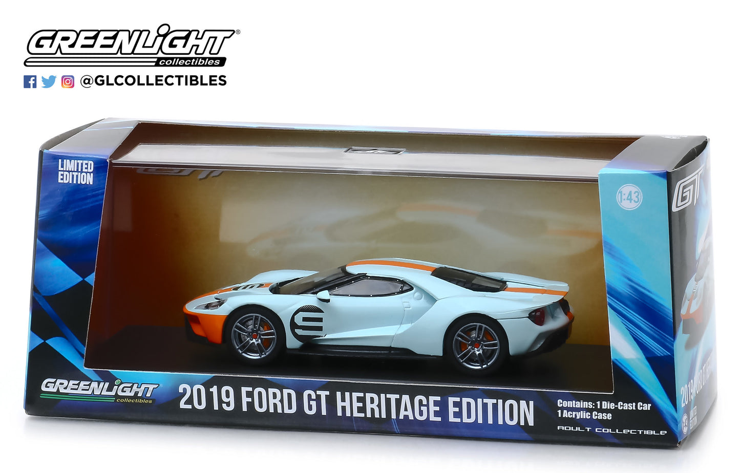GreenLight 1/43 2019 Ford GT - Ford GT Heritage Edition - #9 Gulf Racing Gulf Oil Color Scheme 86159