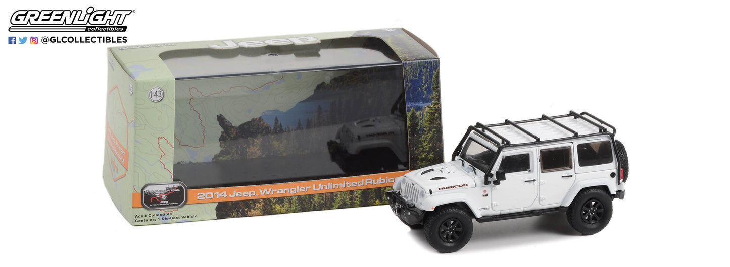 GreenLight 1:43 2014 Jeep Wrangler Unlimited Rubicon X with Off-Road Parts - Jeep Official Badge of Honor - The Rubicon Trail, Lake Tahoe, California - Bright White 86197