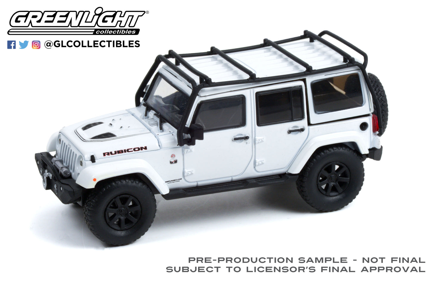 GreenLight 1:43 2014 Jeep Wrangler Unlimited Rubicon X with Off-Road Parts - Jeep Official Badge of Honor - The Rubicon Trail, Lake Tahoe, California - Bright White 86197