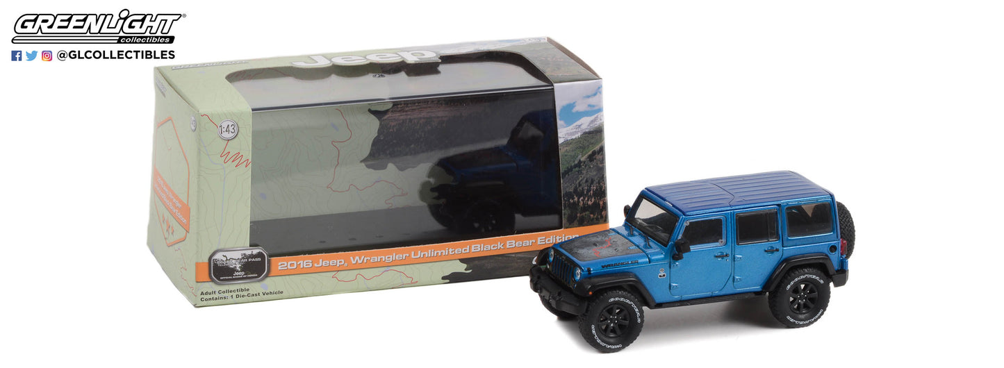 GreenLight 1:43 2016 Jeep Wrangler Unlimited Black Bear Edition - Jeep Official Badge of Honor - Black Bear Pass, Telluride, Colorado - Hydro Blue Pearl 86198