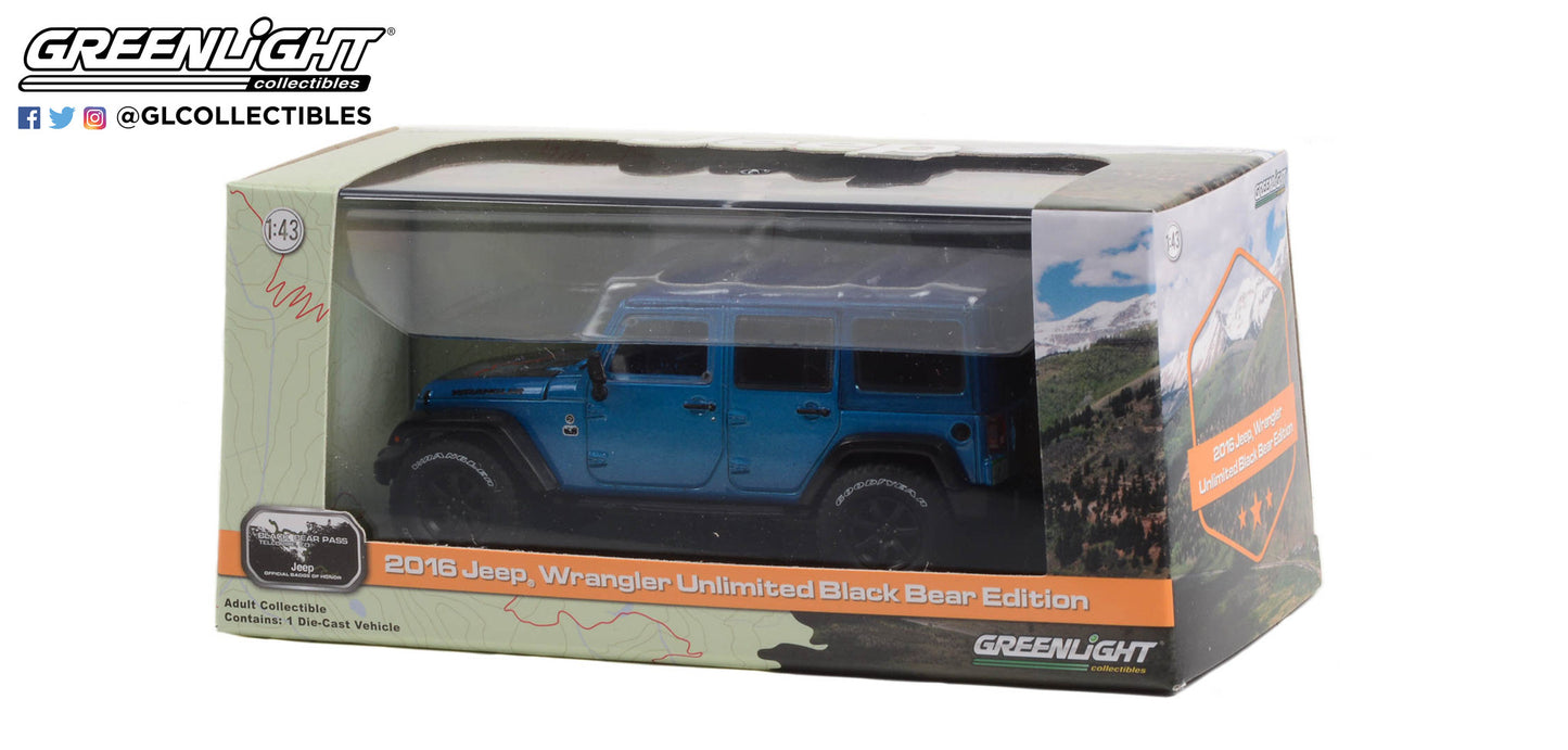 GreenLight 1:43 2016 Jeep Wrangler Unlimited Black Bear Edition - Jeep Official Badge of Honor - Black Bear Pass, Telluride, Colorado - Hydro Blue Pearl 86198