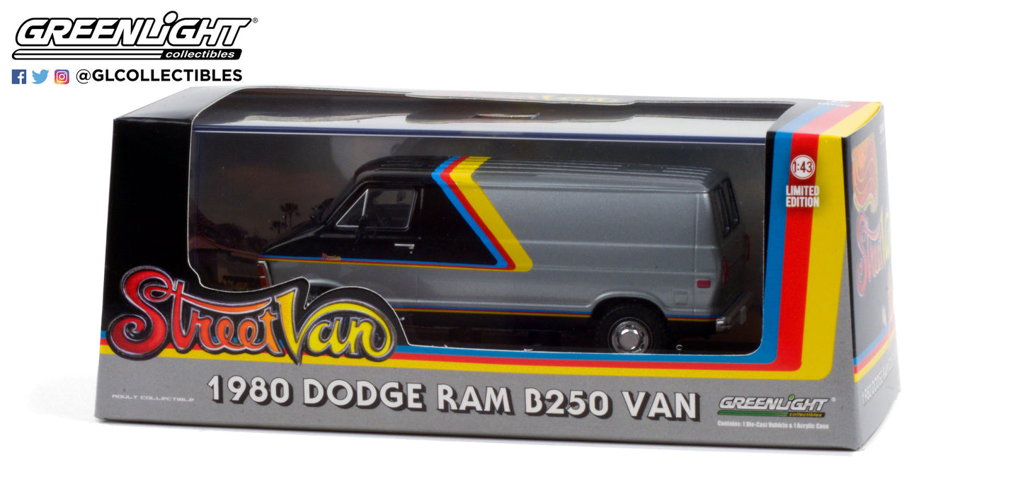 GreenLight 1:43 1980 Dodge Ram B250 Van - Silver and Black with Yellow, Red and Blue Stripes 86600