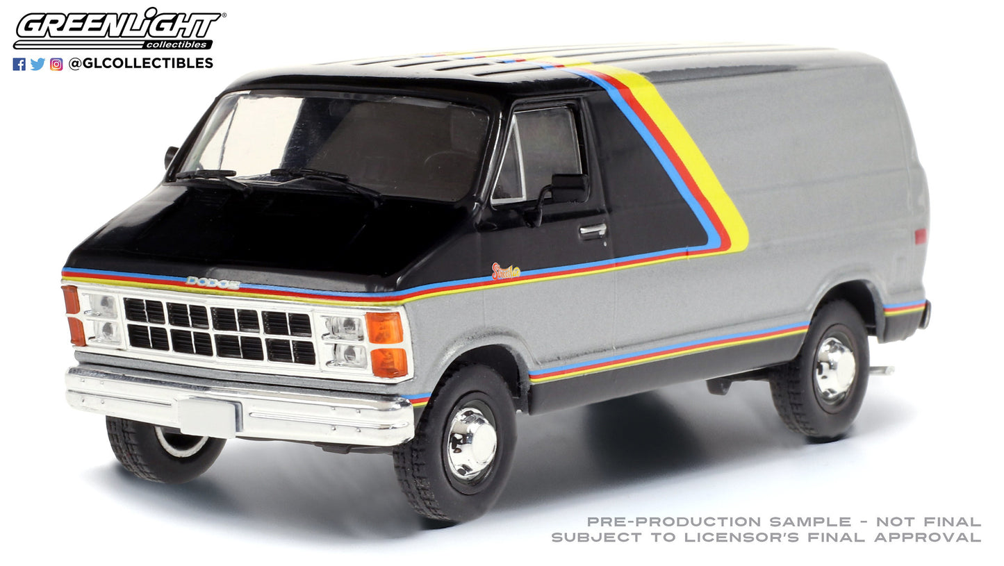 GreenLight 1:43 1980 Dodge Ram B250 Van - Silver and Black with Yellow, Red and Blue Stripes 86600