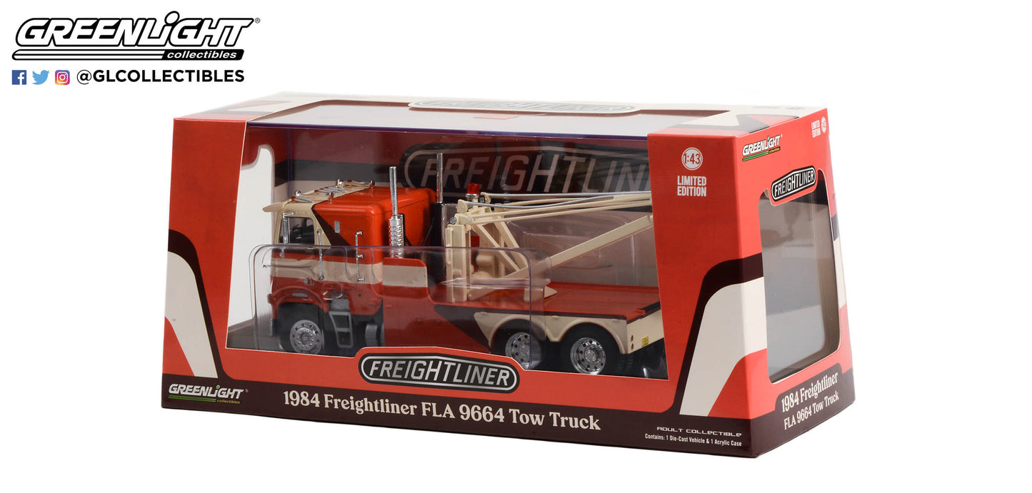 GreenLight 1:43 1984 Freightliner FLA 9664 Tow Truck - Orange, White and Brown 86631