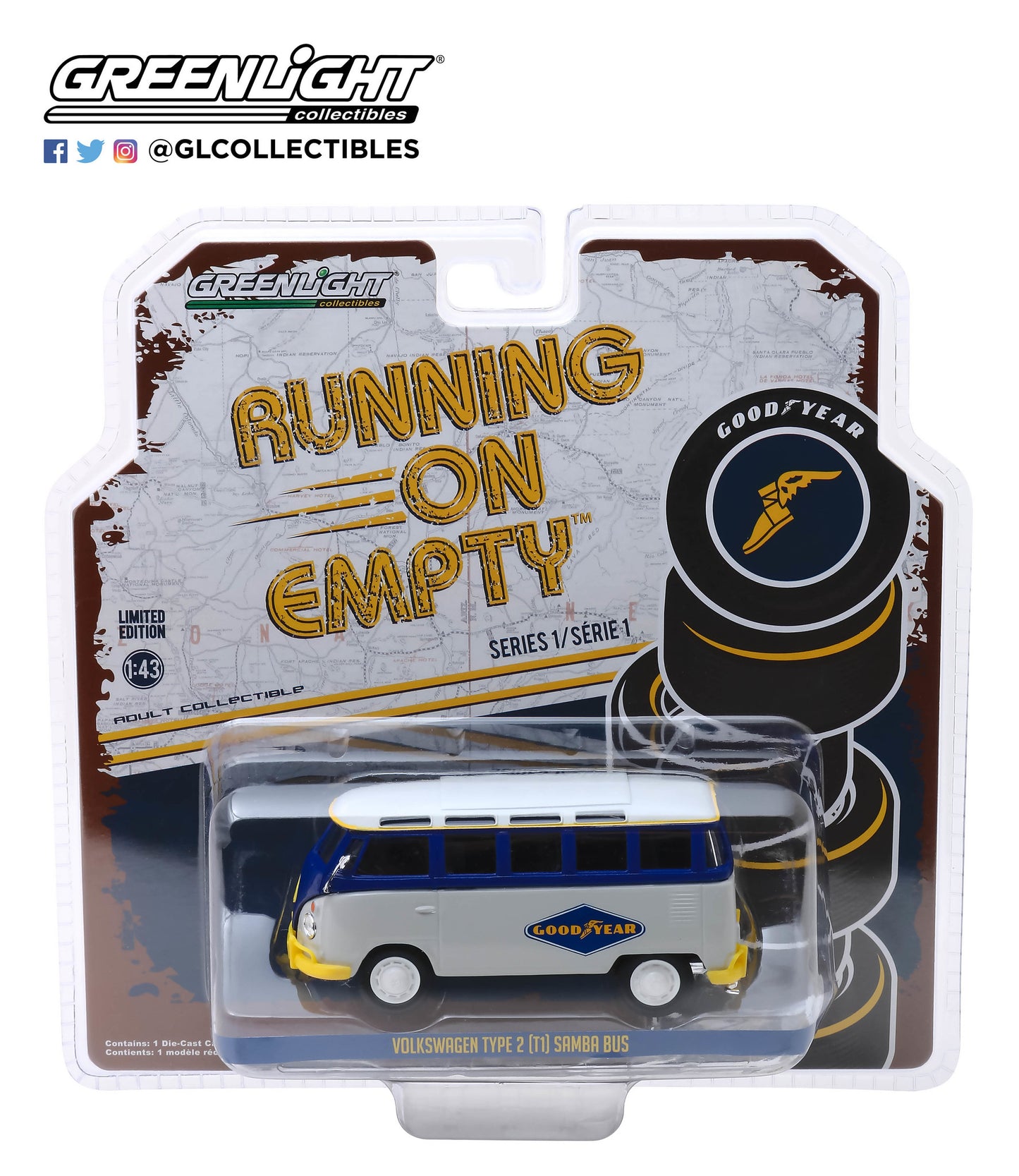 GreenLight 1:43 Running on Empty Series 1 - Volkswagen Type 2 (T1) Samba Bus Goodyear Tires 87010-F