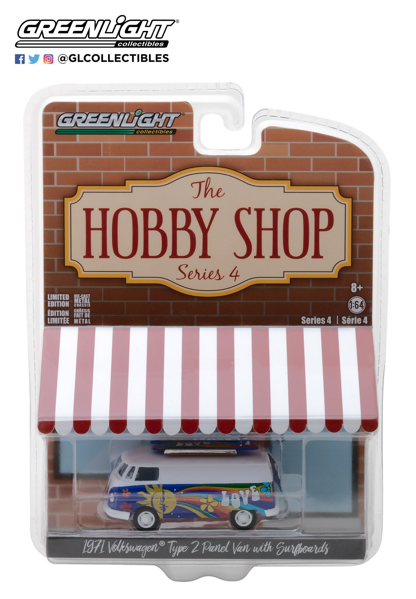 GreenLight 1:64 The Hobby Shop Series 4 - 1971 Volkswagen Type 2 Panel Van with Surfboards 97040-C