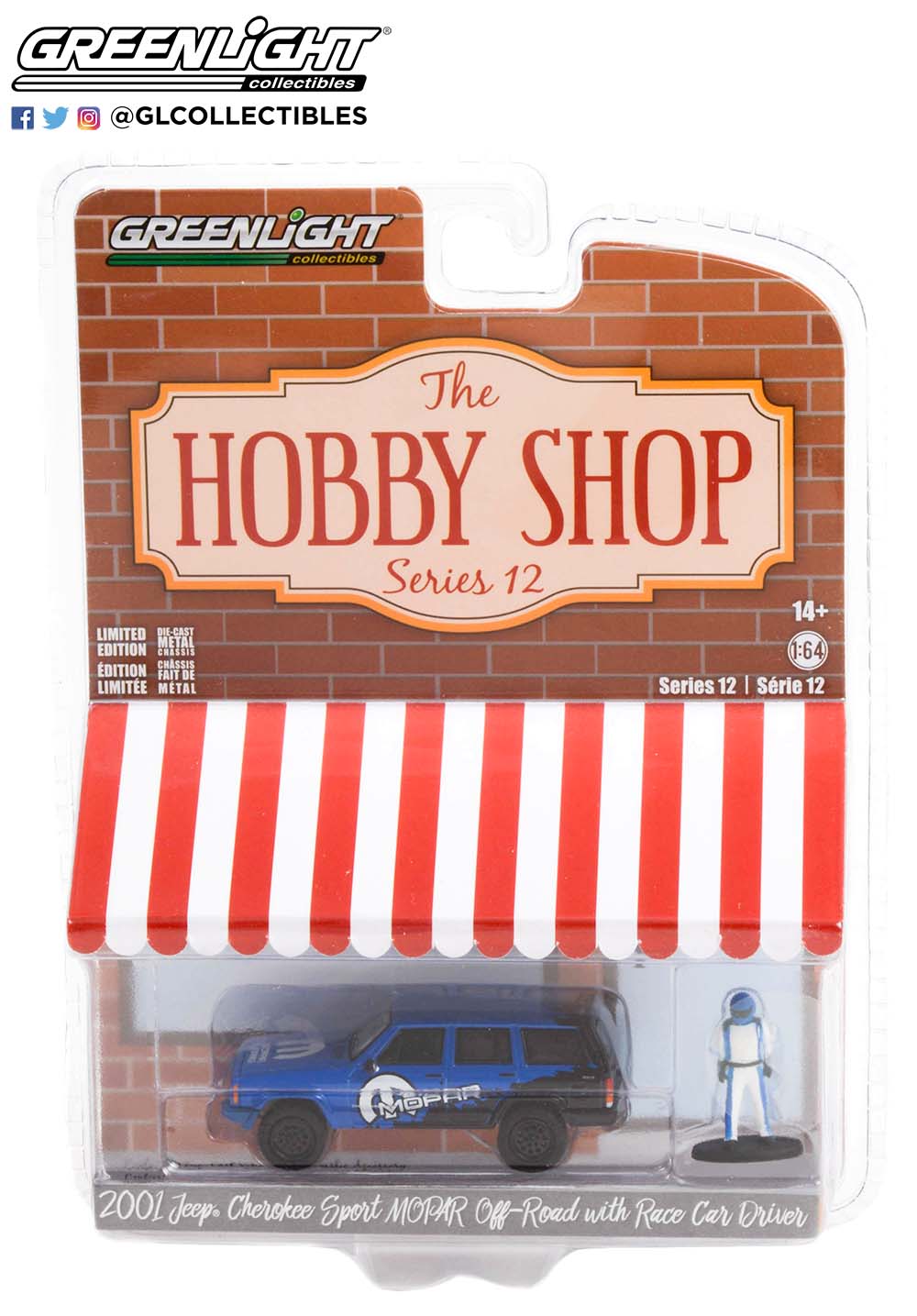 GreenLight 1:64 The Hobby Shop Series 12 - 2001 Jeep Cherokee Sport MOPAR Off-Road with Race Car Driver 97120-E