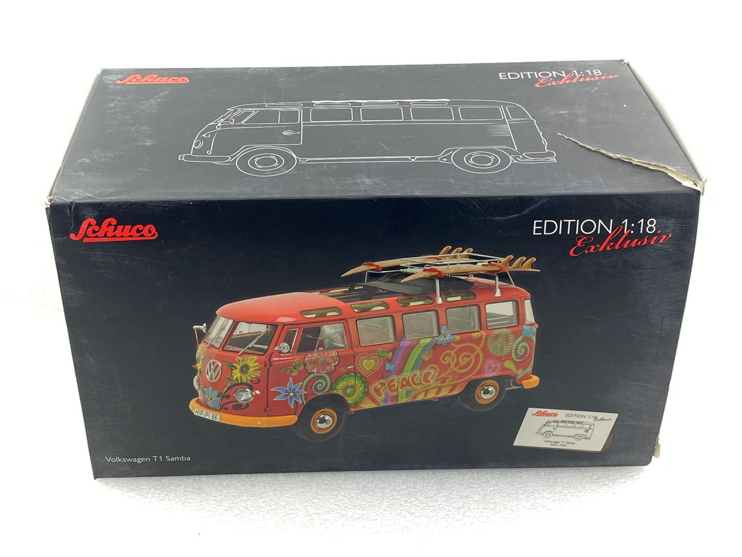 Schuco 1:18 Volkswagen T1 Samba "Hippie" with roof tracks and surfboards 450028300 (Clearance Final Sale)