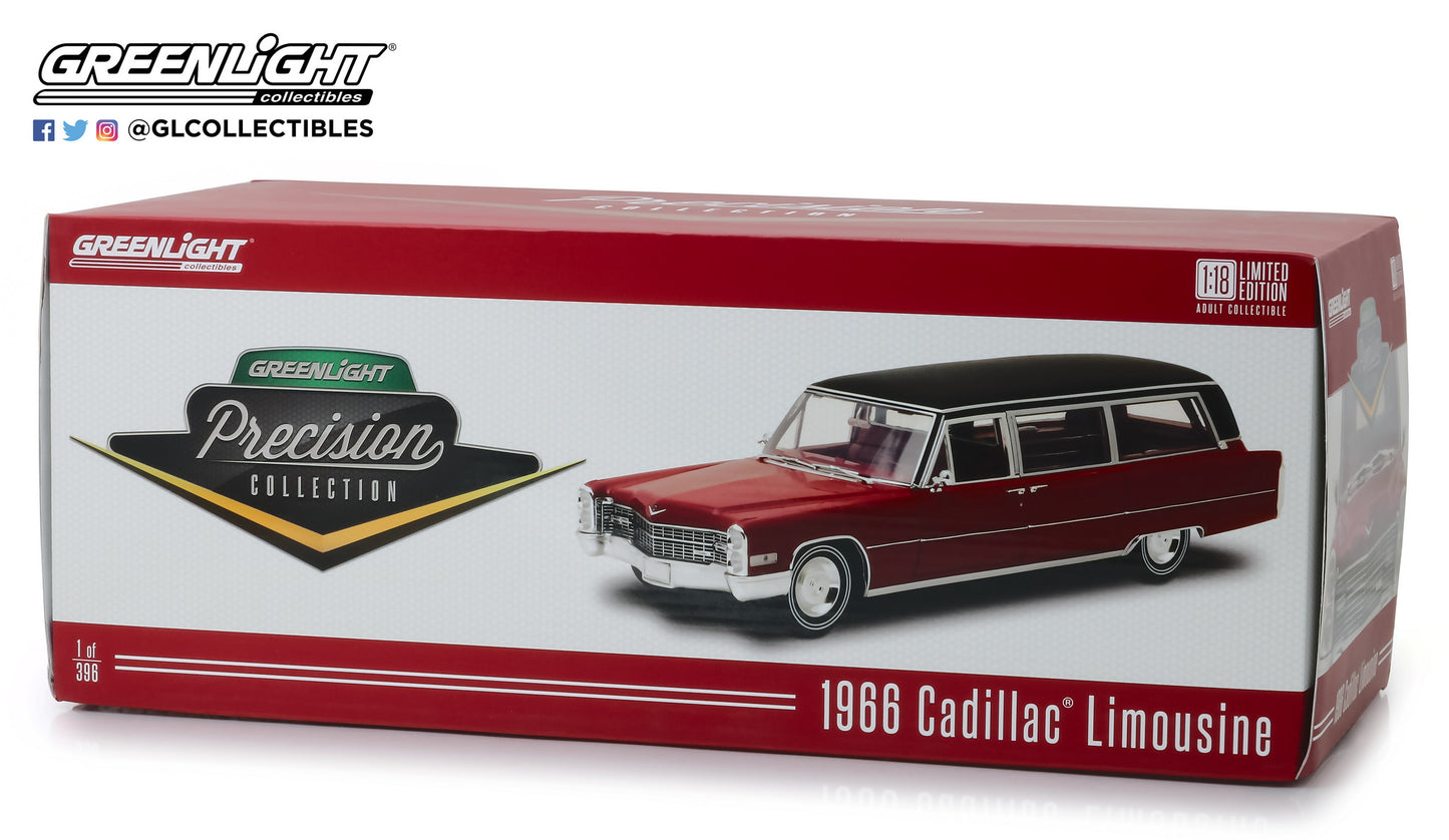 GreenLight 1:18 Precision Collection - 1:18 1966 Cadillac S&S Limousine - Red with Black Vinyl Roof PC-18008