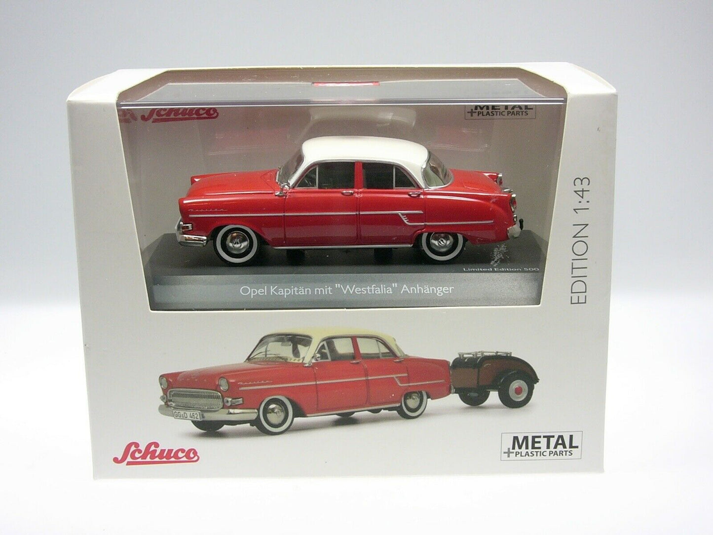 Schuco 1/43 Opel Kapitan with Westfalia trailer red-white 450264000