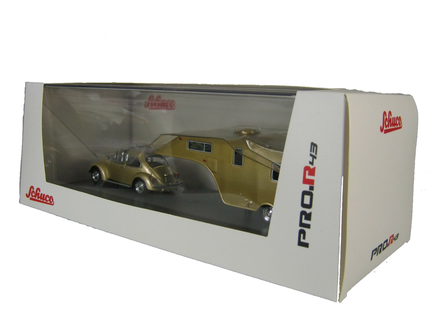 Schuco 1/43 Volkswagen 1200 with caravan trailer gold 450903800