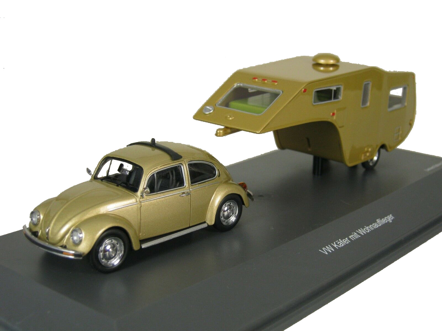 Schuco 1/43 Volkswagen 1200 with caravan trailer gold 450903800