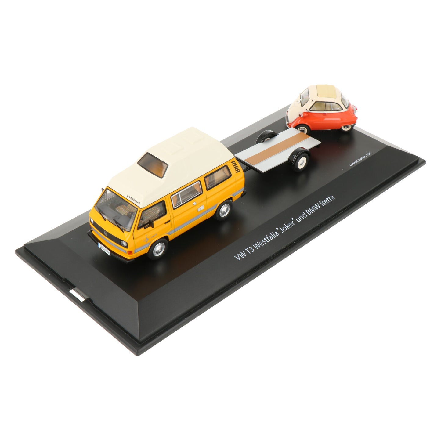 Schuco 1:43 Volkswagen T3 Joker camping bus with trailer and BMW Isetta 450330300