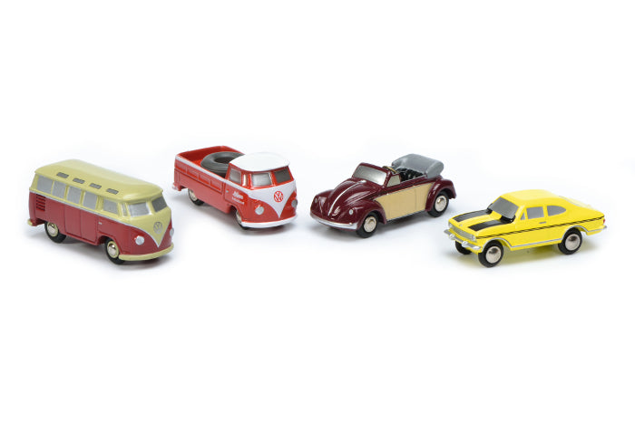 Schuco 1:90 Piccolo Gift Set Volkswagen T1 Samba / Beetle Cabrio / T1 Pick-Up Renndiens / Opel Manta Rally 450185400