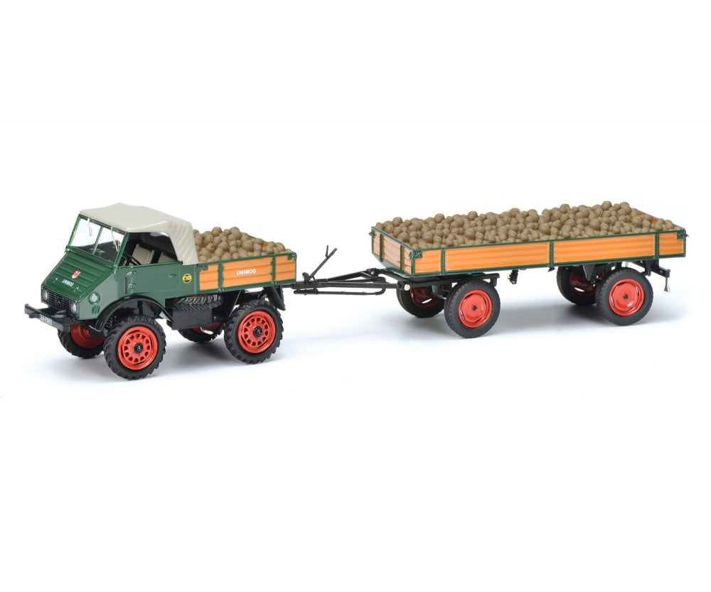 Schuco 1:43 Mercedes Benz Unimog U 401 with trailer and potatoes 450313000