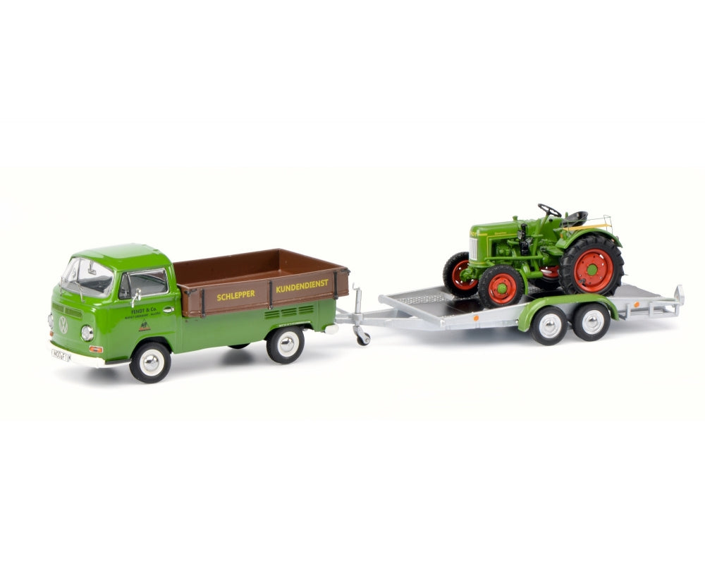 Schuco 1:43 Volkswagen T2a Westfalia pick up with trailer and Fendt Dieselross Tractor Fendt Service 450334200