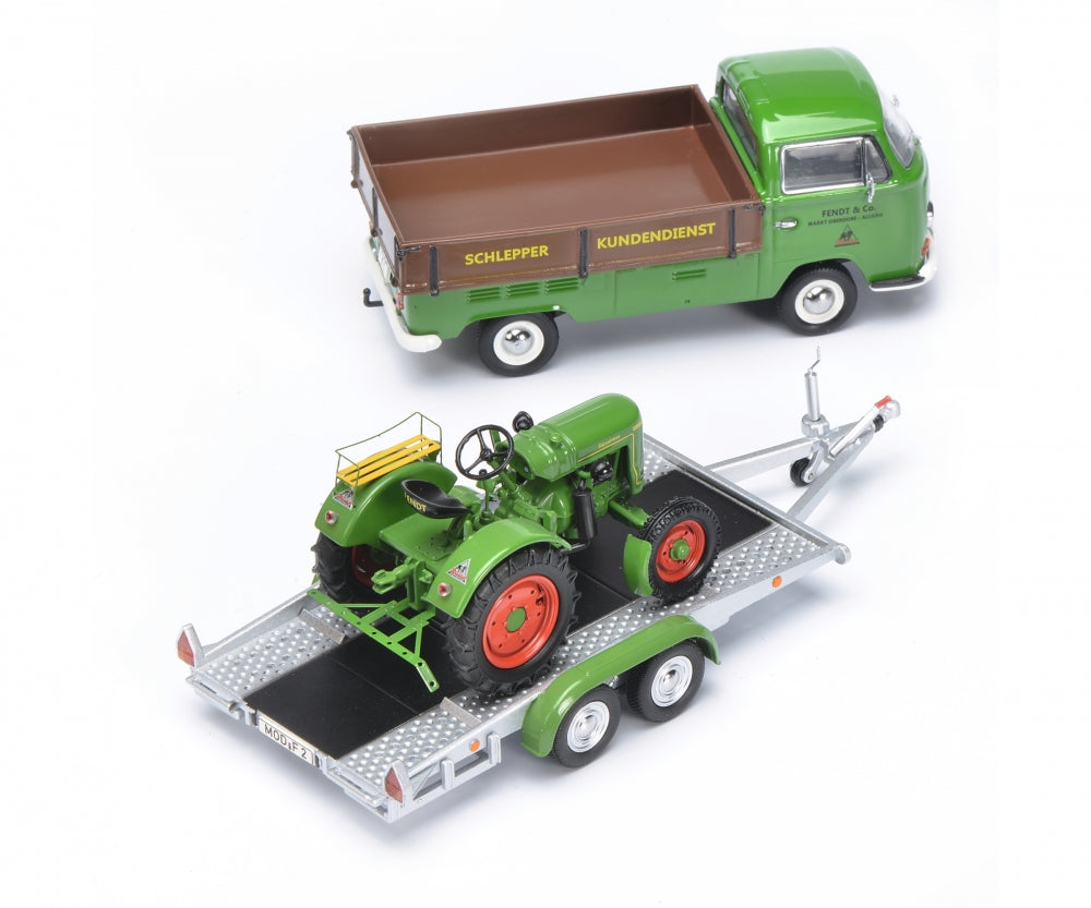Schuco 1:43 Volkswagen T2a Westfalia pick up with trailer and Fendt Dieselross Tractor Fendt Service 450334200