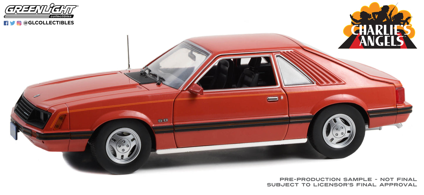 GreenLight 1:18 Charlie's Angels (1976-1981 TV Series) - 1979 Ford Mustang Ghia - Medium Red with Black Stripe Treatment 13601