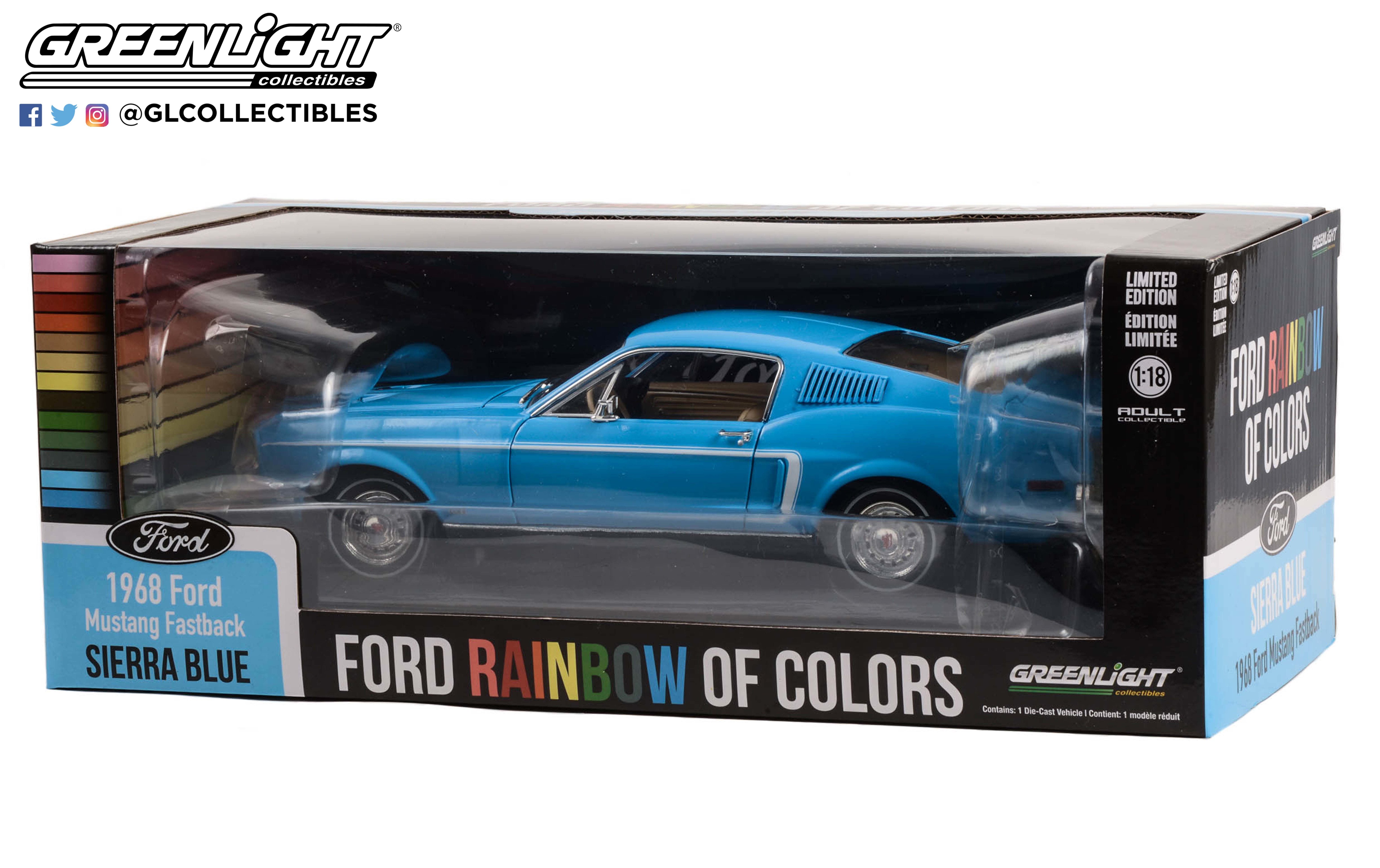 GreenLight 1:18 1968 Ford Mustang Fastback Ford Rainbow Of Colors West  Coast USA Special Edition Mustang - Sierra Blue 13640