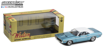 GreenLight 1:18 1970 Dodge Challenger - Western Sport Special - Light Blue Poly with Vinyl Roof and White Interior 13644
