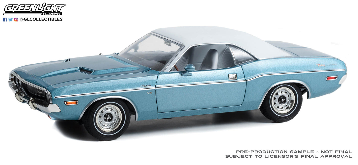 GreenLight 1:18 1970 Dodge Challenger - Western Sport Special - Light Blue Poly with Vinyl Roof and White Interior 13644