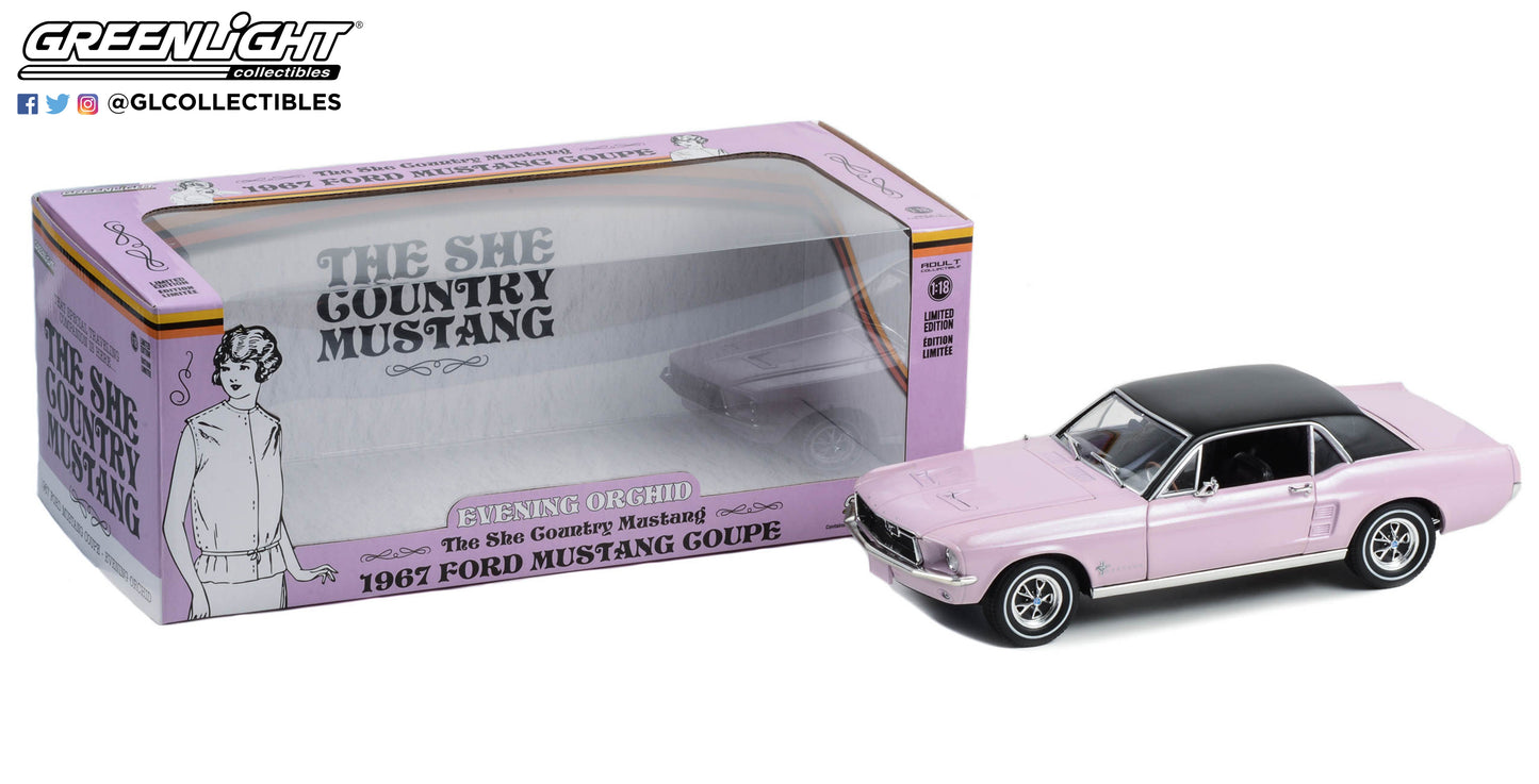 GreenLight 1:18 1967 Ford Mustang Coupe She Country Special - Bill Goodro Ford, Denver, Colorado - Evening Orchid 13662