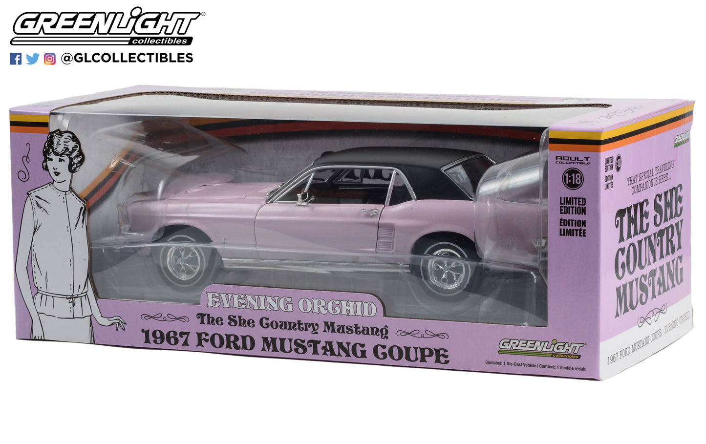 GreenLight 1:18 1967 Ford Mustang Coupe She Country Special - Bill Goodro Ford, Denver, Colorado - Evening Orchid 13662