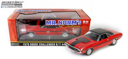 GreenLight 1:18 1970 Dodge Challenger R/T 440 Six-Pack - Mr. Norm s Grand Spaulding Dodge - Red with Black Interior 13667