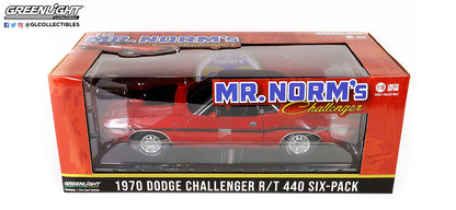 GreenLight 1:18 1970 Dodge Challenger R/T 440 Six-Pack - Mr. Norm s Grand Spaulding Dodge - Red with Black Interior 13667