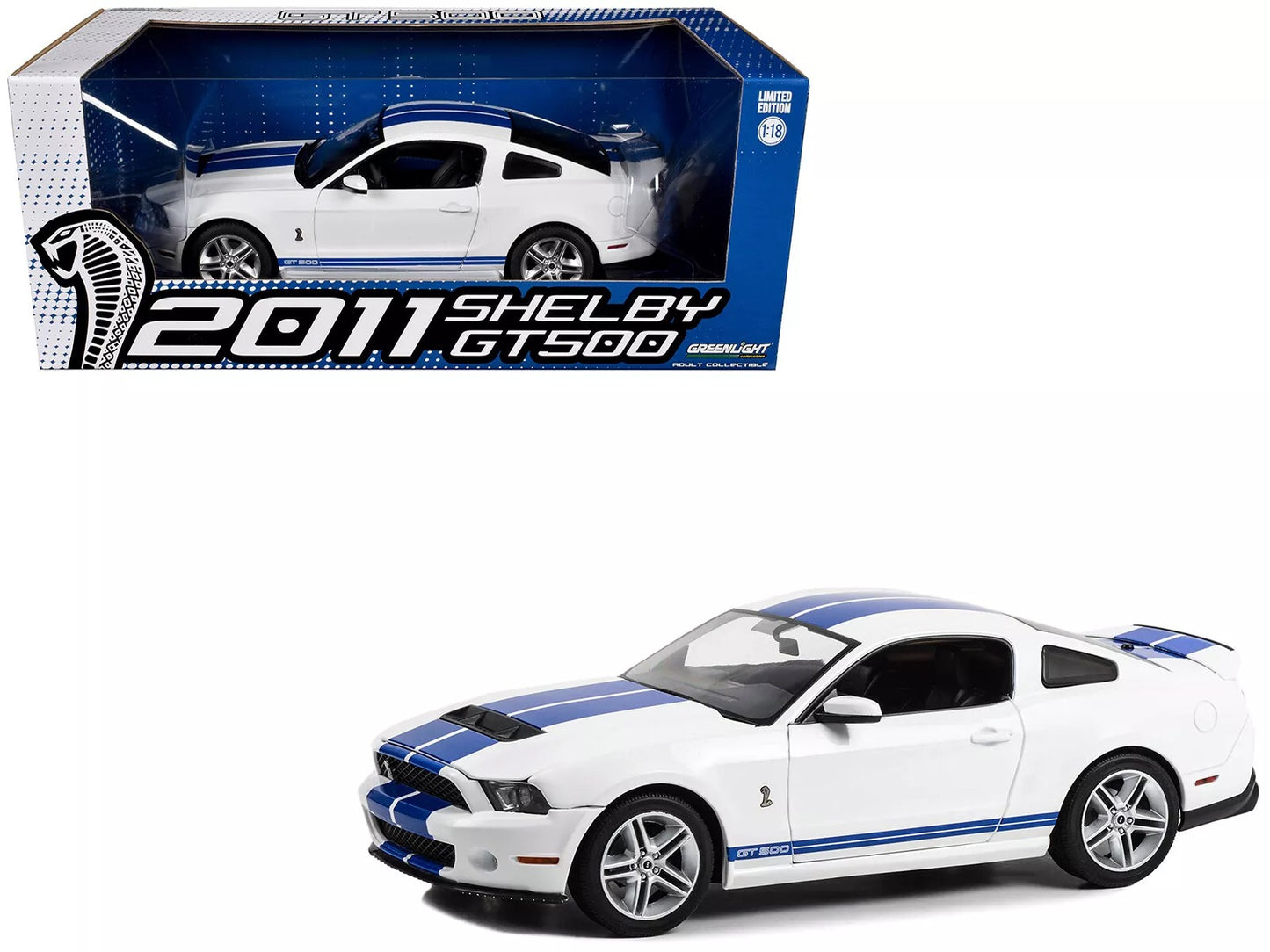 GreenLight 1:18 2011 Ford Shelby GT500 - Performance White with Grabber Blue Stripes 13674