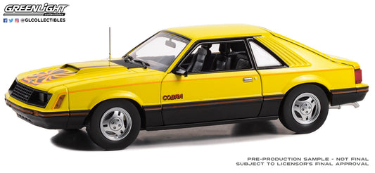 GreenLight 1:18 1979 Ford Mustang Cobra Fastback - Bright Yellow with Black and Red Cobra Hood Graphics and Stripe Treatment 13678
