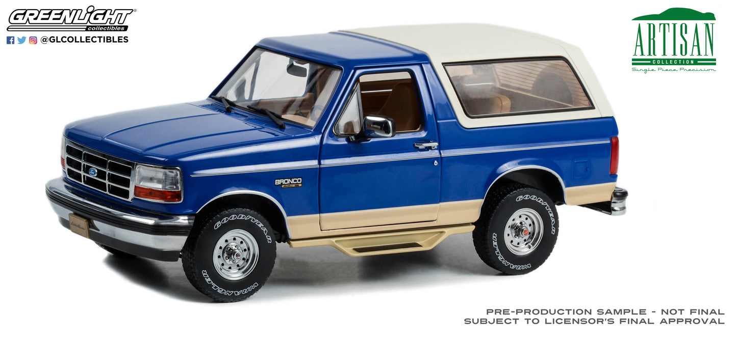 GreenLight 1:18 Artisan Collection - 1996 Ford Bronco - Eddie Bauer Edition - Royal Blue and Tucson Bronze 19136