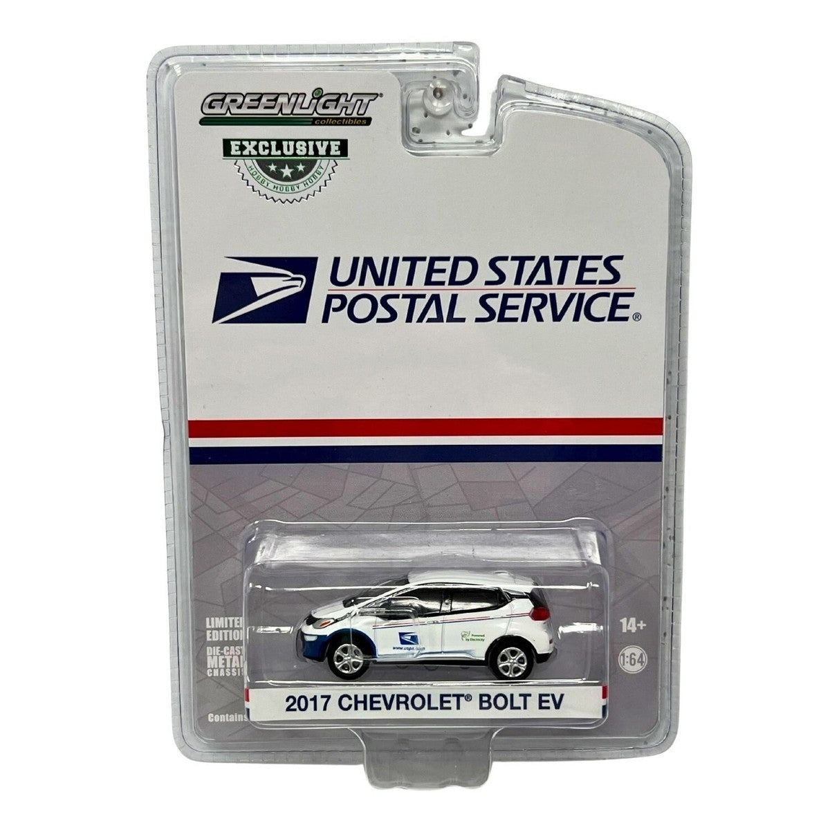 GreenLight 1:64 2017 Chevrolet Bolt - United States Postal Service (USPS) Powered by Electricity (Hobby Exclusive) 30263